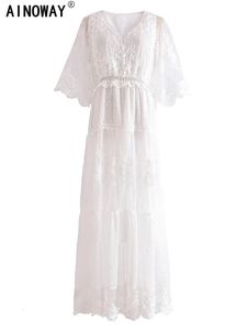 Vintage Chic Women White Lace Short Sleeve Beach Sexy Bohemian Maxi Dress Robe Lady Vneck Party Boho Dresses Vestidos 240415