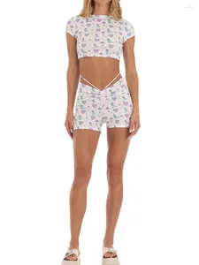 Heimkleidung Frauen 2 -teilige Lounge Set Pyjama Herzstiefel Print Crop Tops Verband Shorts Nachtwäsche Sets