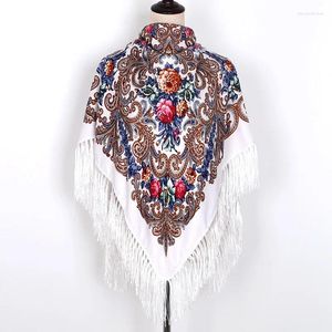 Scarves 130 130cm Russian National Square Scarf Women Ethnic Style Floral Print Shawl Ladies Retro Fringed Blanket