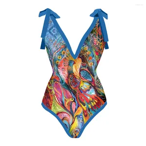 Женские купальные костюмы ретро Blue Deep V Print One Piece Swimsuit 2024 Высококачественная пляжная одежда без спинки.
