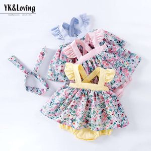 Baby Girl Hanyi Dress, Fashionable Fragmented Flower Back Cross Strap Wrapped Fart Skirt, Hair Accessories 2-piece Set, Baby Princess Dress, Trendy