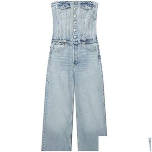 Женские комбинезоны снимают женские джинсовые кнопки Trafza шикарной джинсовой ткани с винтажной повседневной эластичной силой