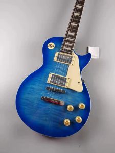 Gitarr av hög kvalitet elgitarr, solid mahognykropp, blå glänsande, guldhårdvara, i lager, snabb gratis frakt