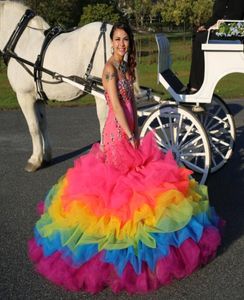 Rainbow Bunte Meerjungfrau Prom Kleid Kristall Perlen Schatz Ärmel und Promi -Party -Kleider Mode Ankunft Stufe Tulle sogar5358445