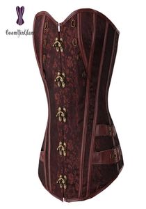 Trener talia Brocade steampunk Jacquard Faux Skórzany Studded Overbust Brown Corset Bustier z łańcuchami S6XL 9167106404