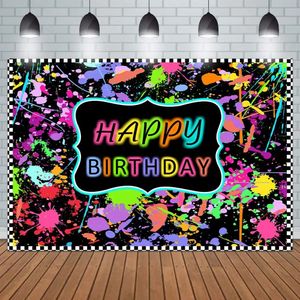Paint Splatter Happy Birthday Pografia Backdrop colorato Neon Glow Graffiti Abstract Splash Painting Sfondo Banner 240411