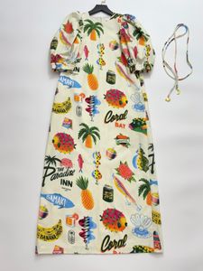 Trendy 2024 Yaz Yeni Tasarımcı Elbise Baskılı Kabarcık Kolları gevşek gündelik dantel yukarı bölünmüş elbise