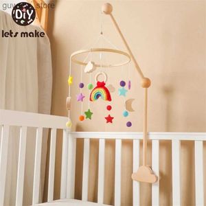 Mobiles# Baby Wooden Bed Bell Handmade Crochet Rainbow Pendant Musical Baby Hanging Toys Crib Mobile Wood Toy Holder Bracket Infant Gifts Y240415