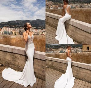 Sexig Berta Mermaid Wedding Dresses Sheer Jewel Neck Lace Appliqued Beads Country Bridal Gowns Sweep Train Backless Beach Wedding D1739048