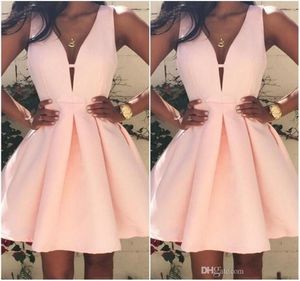 2017 Pink Short Cocktail Dresses V neck Backless Stain Mini Stain Ruffles Prom Party Dress Custom Made Special Occasion G6921109