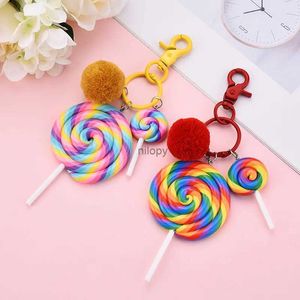 Keychains Lanyards New Cream Resin Soft Pottery Rainbow Lollipop Keychain Hair Ball Pendant Practical Small Gift Spot Jewelry Making Supplies