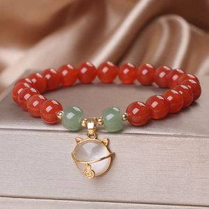 Instagram Korean Wind Red Agate Crystal Single Loop Women's Dongling Jade Barrel Pearl White Eye Stone Little Cat Bracelet