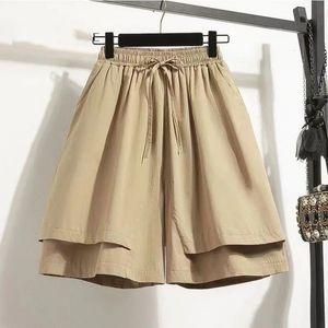 Sommarelastisk midja asymmetrisk casual shorts solid snörning plus storlek falska två stycken rak pant mode trend kvinnor kläder 240415