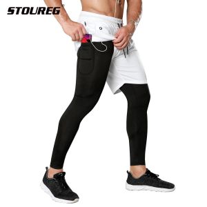 Pants Stoureg Fake Twopiece Pants Men Sports Leggings Fitness Shorts QuickDrying Workout Trousers Gym Sports Pants for Man