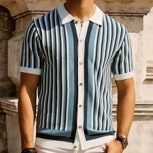 Men's T-Shirts Mens striped polo shirt summer breathable knit mens retro cardigan short sleeved button down jacket from the 1970s yq240415