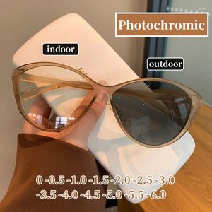 Solglasögon Fashion Color Changing Myopia Glasögon Retro Cat Eye Pochromic minus Sikt Eyewear Women Outdoor Sun Shade Diopter