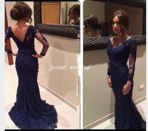 2017 Navy Blue Lace long evening dresses With Sheer Long sleeves Backless Mermaid Prom Gowns In Stock BD2472092177