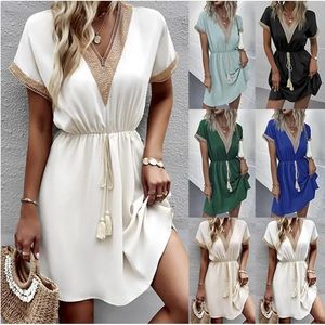Elegant Womens White Dresses Summer Solid Short Sleeve Lace VNeck Waistband Female Beach Midi Dress SXXXL 240415
