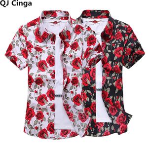 Summer White Printed Short Sleeved Shirt for Men Hawaii Rose Flower Shirts Hawaiian Vacation Camisa Chemise Big Size S7xl 240415