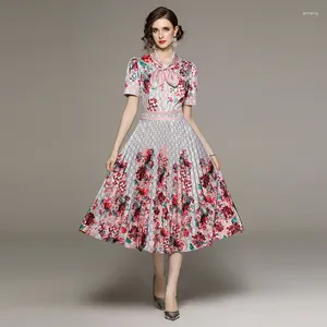 Party Dresses 2024 Summer Runway Gorgeous Flower Dress Women's Bow Collar Short Sleeve Floral Print Pink Midi Pleated Vestidos M3965