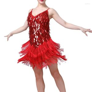 Sıradan Elbise Sequin Fringe Elbise Kadınlar için V Boyun Slip Latin Dans Partisi Çılgın Kostüm Göbek Kalça Etek