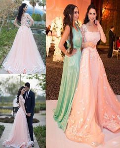 2k17 Celebrity Luxury Arabic Style Evening Prom Dresses Pale Pink Tulle Prom Pageant Gowns Detachable Overskirt Square Neck Formal8022430