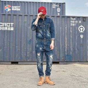 Koreanska onesies män mode spännande byxor japanska män retro casual jumpsuit manlig smal denim jacka överrock 240411