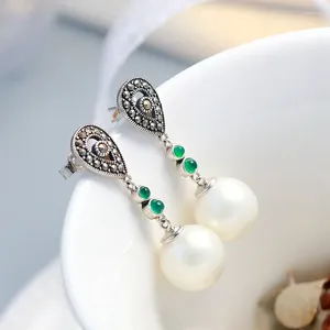 Dangle Earrings Authentic 925 Sterling Silver Earring Lady Retro Style Thai Inlaid Imitation Pearl Concise Trendy Jewelry Gift