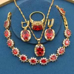 Brincos colar clássico de zircônia vermelha pedras de ouro conjuntos de jóias de cores douradas para mulheres de bracelete anel de aniversário presente188v