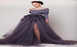 Hand Made Flower Long Sleeve Side Split Tulle Evening Gowns Fashion Sweep Train Party Dress Off Shoulder 2017 New Evening Dresses 8651286