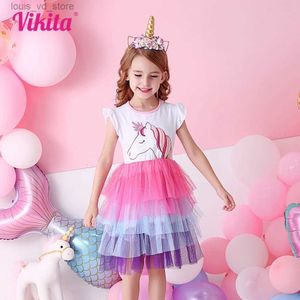 Vestidos de menina Vikita Girls Dress Tutu Crianças de verão Summer Flare Sleeve Princess Dresses Girl Cartoon Party Dress Dresses Crianças Crianças T240415