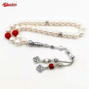 Tasbih naturliga sötvatten pärlor 100% äkta pärlor röda agater muslimska islamiska kvinnor smycken mode halsband arabiska tillbehör 240412