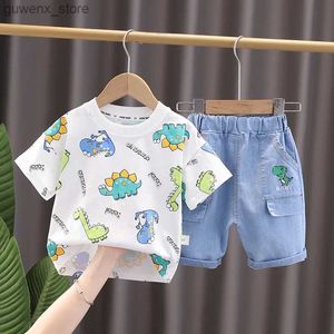 Set di abbigliamento Fashion Summer Kids Baby Boy si adatta a maniche corte con t-shirt da cartone animato+pantaloncini in denim abiti casual abiti da ragazza abbigliamento 2 pezzi/set y240415