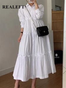 Realeft Autumn White Eishize Lomens Shirds Dresses Leng Sleeve Straight Karioun Casuare Rooline Alineドレス女性240415