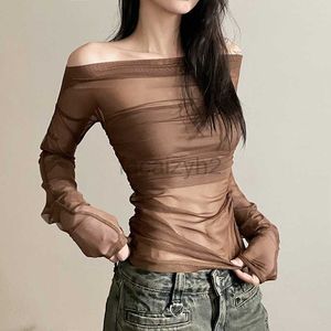 Damska koszulka seksowna koszulki jesień nowe solidne kobiety Sym Slim Fit Fash Modna moda jedna linia szyi otwarta t-shirt z długim rękawem