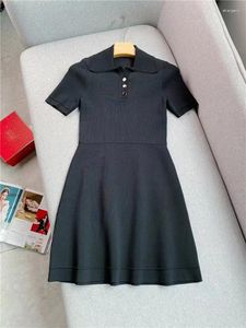 Party Dresses 2024 Early Autumn Simple POLO Collar Black Dress Women French Classic Slim Waist A-line Skirt Ladies Elegant Knit Robe
