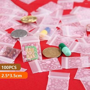 Förvaringspåsar 100st små tjockt tecknad utskrift förpackningspåse bärbar påse transparent tätning mini smycken örhängen