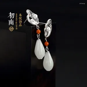 Sırtlar Küpe Tavuskuşu Hetian Jade Çiçek 925 Sterling Gümüş Güney Kırmızı Delici Kulak Klip