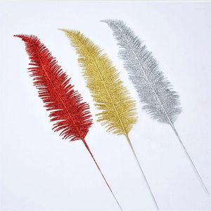 Decorative Flowers 15pcs 42CM For Christmas Decoration Artificial Plastic Feather Leaf Xmas Leaves Gold Dust Powder Silver Red