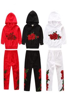 Brodery Floral Toddler Kid Baby Hooded Tops Sweatshirt Pants Spring Casual Outfits Clothes Set Tracksuit For Little Girls 27T1849025