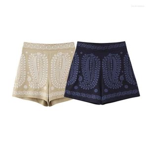 Shorts femininos moda paisley bordando linho vintage na cintura alta zíper feminina calça curta Mujer