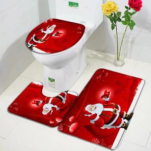 Bath Mats Christmas Set Cute Santa Clause Gift Rope Balls Red Year Xmas Bathroom Decor Carpet Non-Slip Rugs Toilet Lid Cover