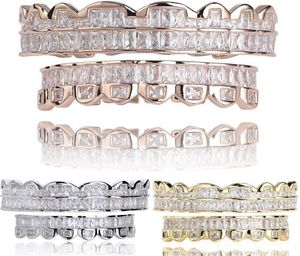 New Baguette Set Teeth Grillz Top Bottom Rose Gold Silver Color Grills Dental Mouth Hip Hop Fashion Jewelry Rapper Jewelry7692153