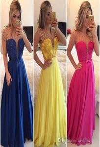 2021 Yellow Prom Kleider maßgeschneiderte Chiffon billige lange Abendkleider königsblau Eine Linie Sheer Jewel Cap Sleeves mit Perlen Spitze A2426832