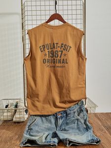 夏アメリカンレトロノースリーブのオンレクレタープリントTシャツメンズファッション100％綿洗浄古いカジュアルスポーツベストトップ240415