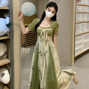 Vestidos de festa estilo chinês Hanfu costura de hanfu Túnica para mulheres quadradas Mangas curtas Mangas curtas femininas