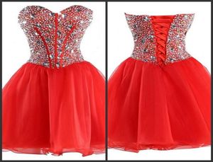 Red Dress Cheap Party Gown Short Mini Wear Crystals Beading Lace Up Back Sequin Dress Sleeveless Sweetheart Neck Custom Sweet 15 D3077249