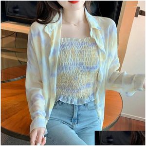 Womens Blouses Shirts 2023 Summer Fashion Simple Neck Tie Dyed Loose Long Sleeve Design Feel Small And Unique Mid Length Sunsn Drop De Dhwnf