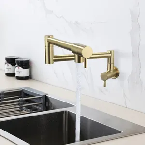 Kitchen Faucets Brush Gold Pot Filler Tap Faucet Single Cold Hole Rotate Folding Spout Stainless Steel Sink Wall Mounted