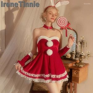 Abbigliamento da donna Irene Tinnie 2024 Woman cosplay abito natalizio rosso imbracatura trasparente Minidress Desire Sweet Uniform Babbo Natale 4 pezzi